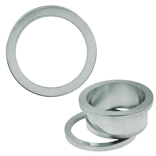 The Metalltunnel Tunnel Chirurgenstahl Unisex Edelstahl Plug silbern Rand Expander Piercing is shown: two metal washer-like rings and a short cylindrical spacer on a white background, with one ring upright and the other with the spacer.