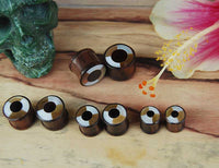 Load image into Gallery viewer, A pair of brown Holz Plug with black resin rim and Perlmutt inlay, styled as Tribal Expander Organic Tunnel, displayed on wood beside a green skull and a pink hibiscus flower.
