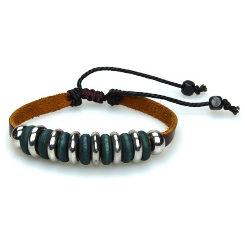 Surfer Lederarmband Scheiben grün silber braun Band Brass Holz verstellbar Leder nickelfrei - chic - net.de