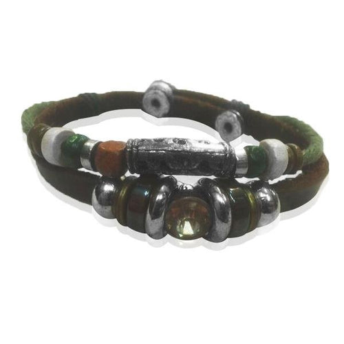 Surfer Lederarmband Schnur Kristall weiß rund grün Band Brass verstellbar Leder Holz nickelfrei - chic - net.de