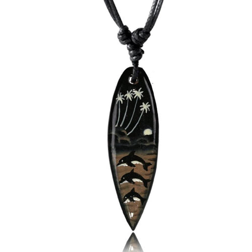 Surferkette braun weiß schwarz Delfine Palmen Holzkette Sonoholz Unisex verstellbar - chic - net.de