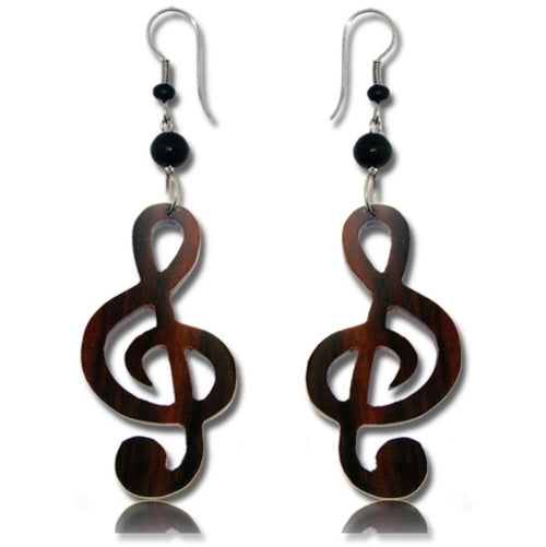 Tribal Ohrringe Notenschlüssel Musik Holz Edelstahl braun Perlen schwarz Ohrhänger nickelfrei - chic - net.de