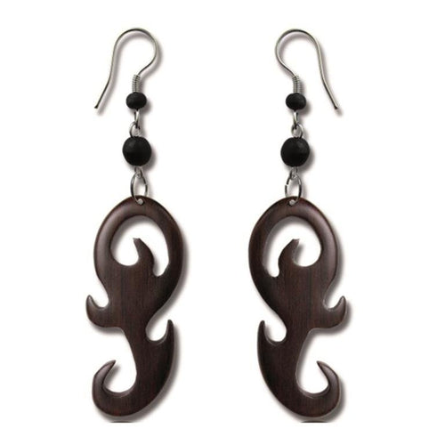 Tribal Ohrringe Schnörkel Haken Sonoholz dunkelbraun Ohrhänger Edelstahl - chic - net.de