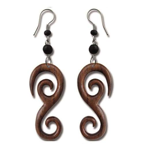 Tribal Ohrringe Schnörkel Spiralen - Form Sonoholz dunkelbraun Ohrhänger Edelstahl - chic - net.de
