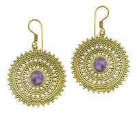 Load image into Gallery viewer, Ohrringe Amethyst Zopf Kreis Punkte Dreiecke Messing Ohrhänger lila nickelfrei antik golden Tribal
