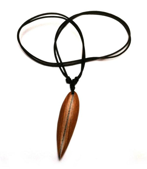 Surfer necklace, wooden necklace, Sono wood cotton surfer style surfboard wooden pendant unisex jewelry brown black stripe
