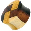 Load image into Gallery viewer, The laminiert Holzplug vier Farben Muster Tribal Holz Plug is a handmade, double-flared wooden ring with a geometric, checkered pattern in light, dark brown, and tan wood on its smooth, curved surface.
