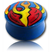 Load image into Gallery viewer, A small round blue Holz Plug Herz Flammen container with a colorful red heart, yellow flame, and black outline design—ideal for storing Unisex Schmuck like Lobe Piercing or handgeschnitzter Plug accessories.
