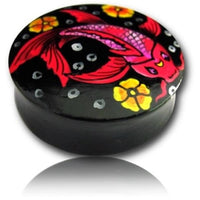 Load image into Gallery viewer, Holz Plug Fisch Koi Asia rot schwarz Tunnel Unisex Ohrschmuck Teakholz
